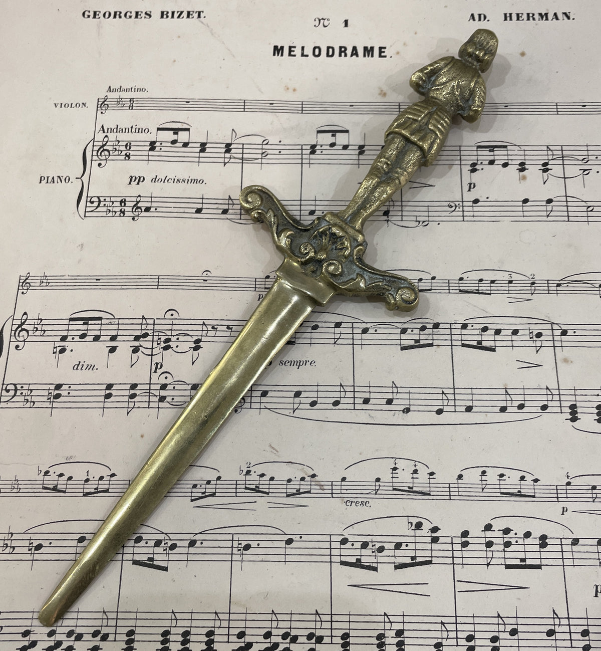 Rare Antique French Brass Art Nouveau Letter Opener Joan of Arc Sword c1900