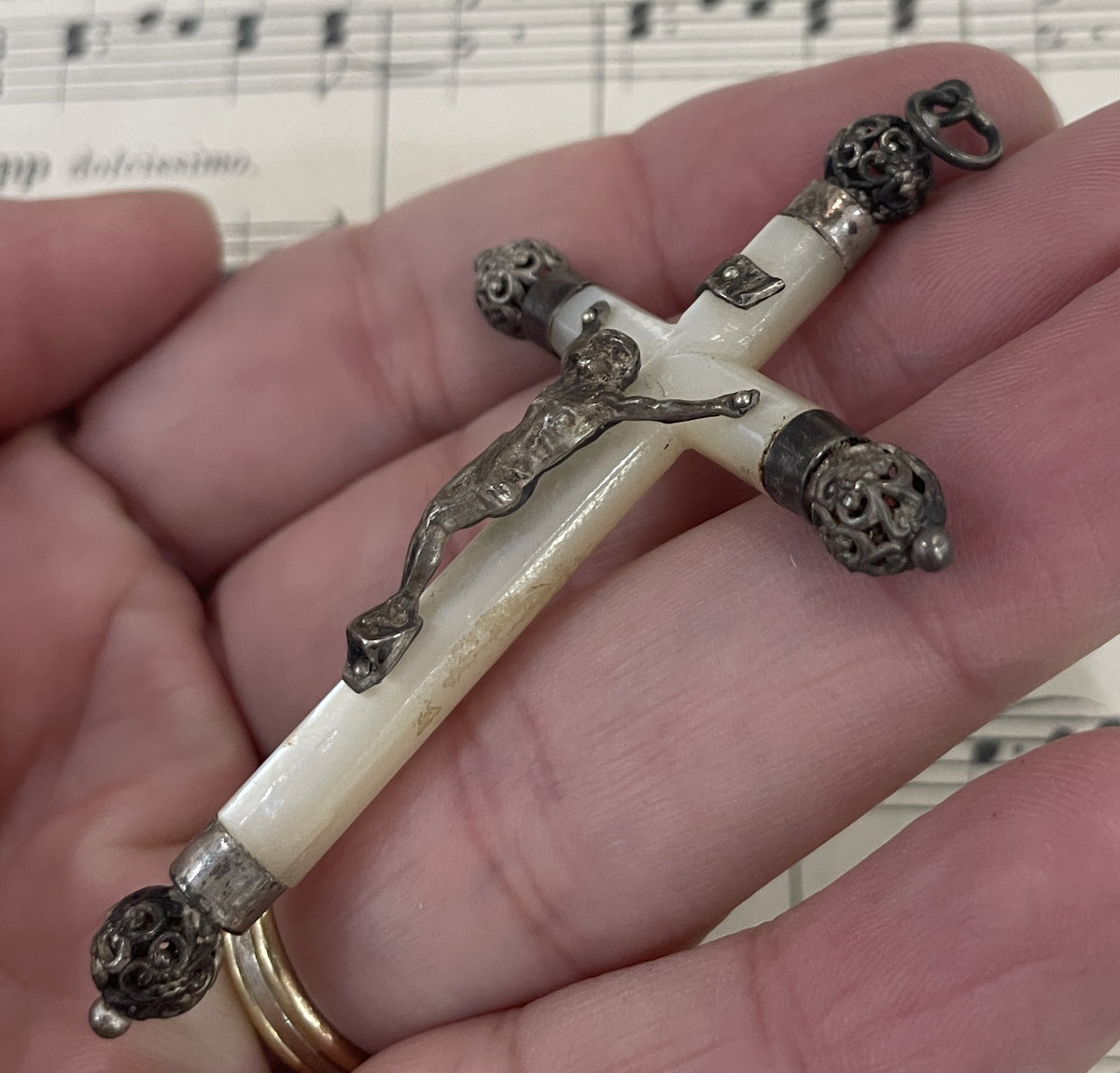 Antique French Sterling Silver Mother of Pearl Cross Crucifix Pendant c1900