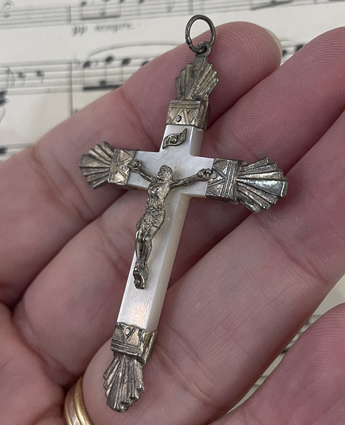 Antique French Sterling Silver Mother of Pearl Cross Crucifix Pendant c1900