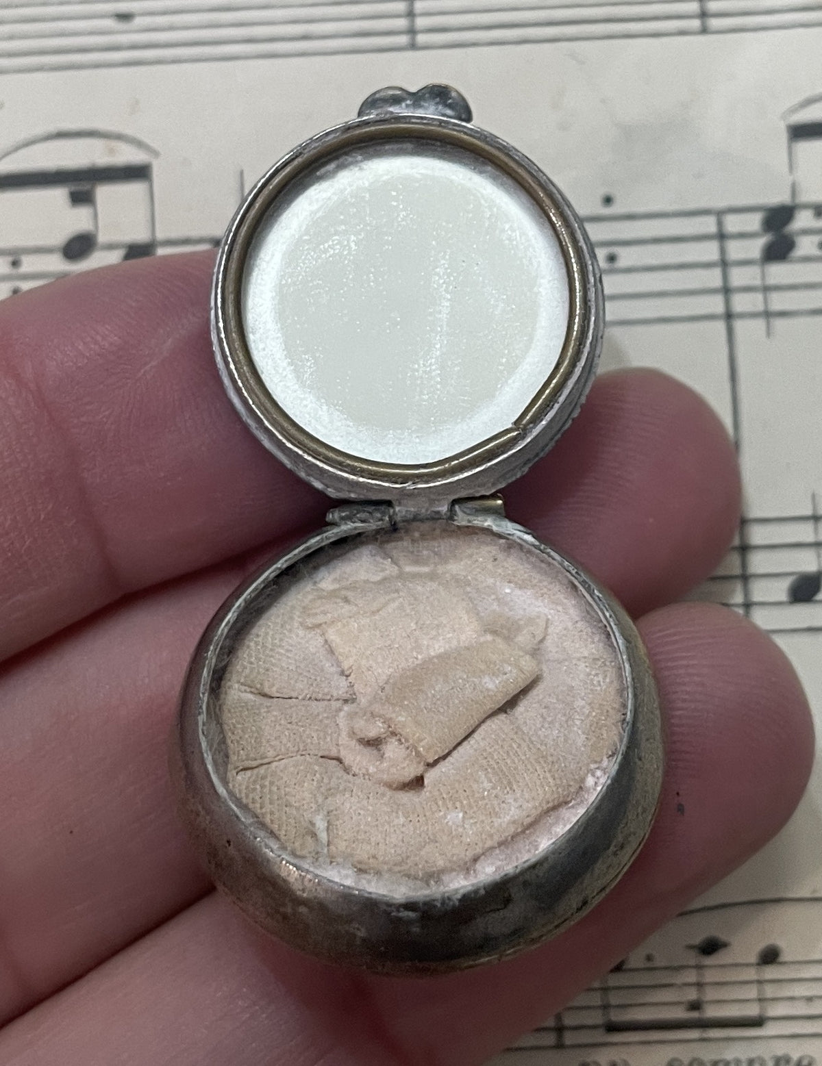Antique French Art Nouveau Pill Box Powder Puff with Mirror Woman c1900