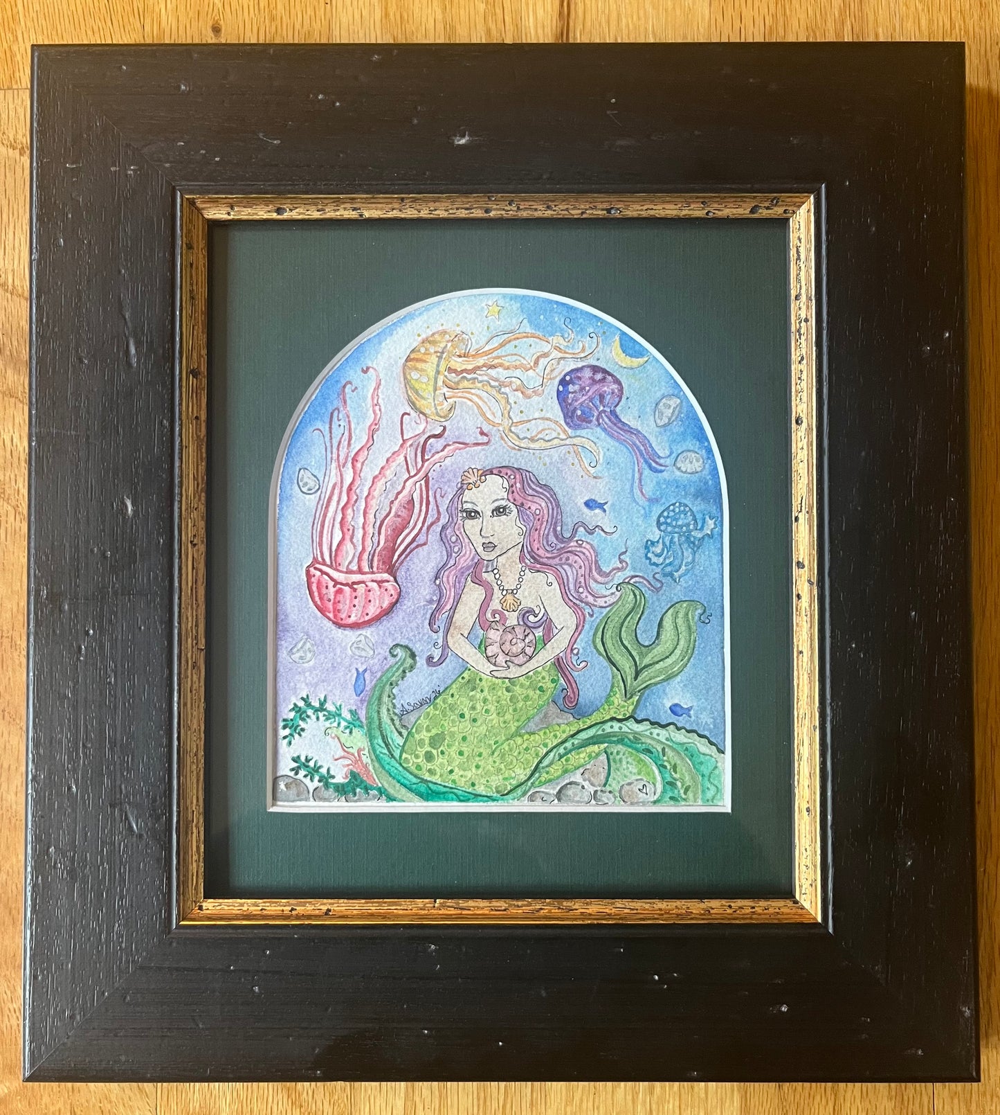 Mermaid and Jellyfish Symphony - Original Framed Watercolor