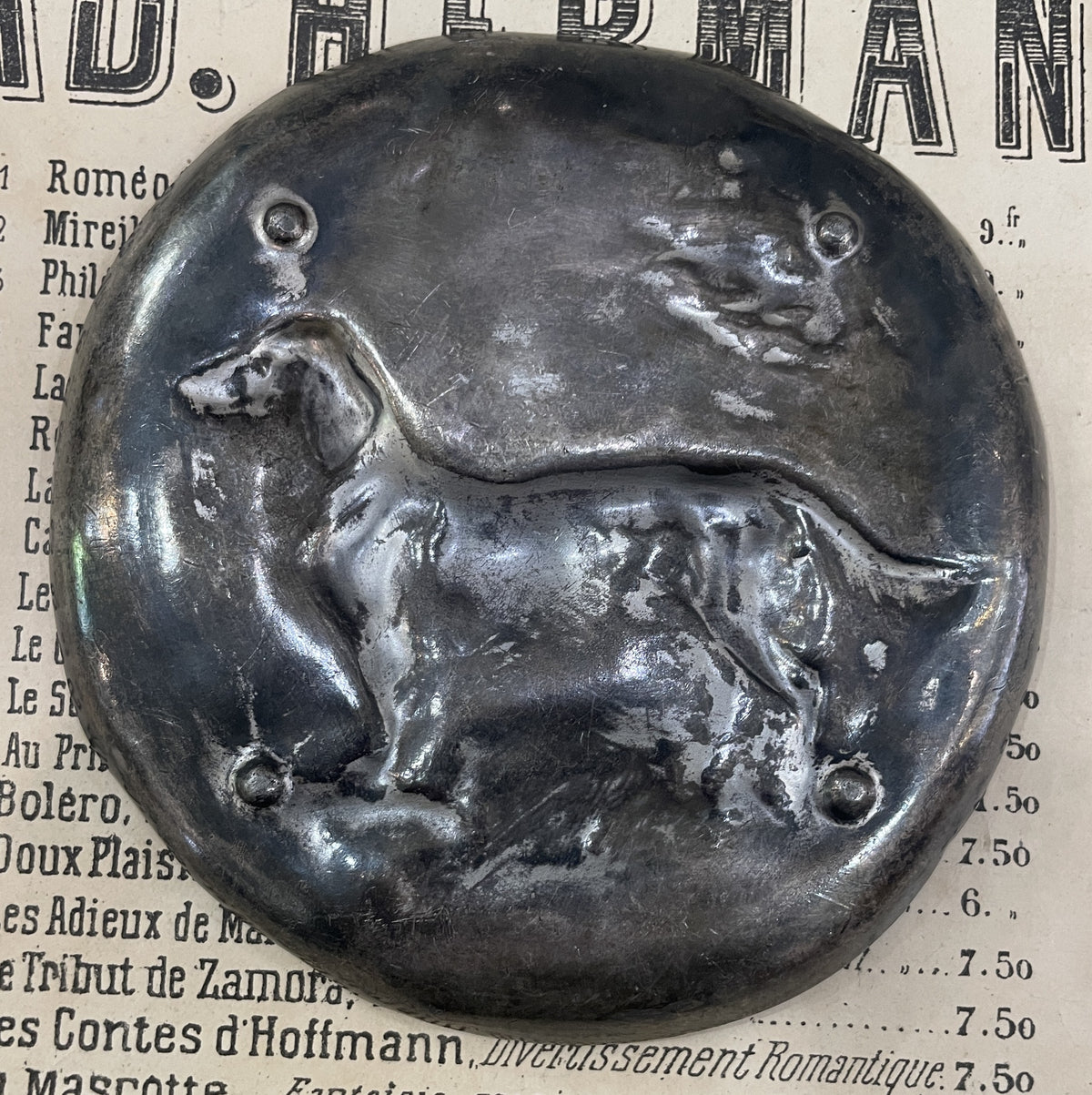 Antique French Art Nouveau Pewter Tray Dog c1897