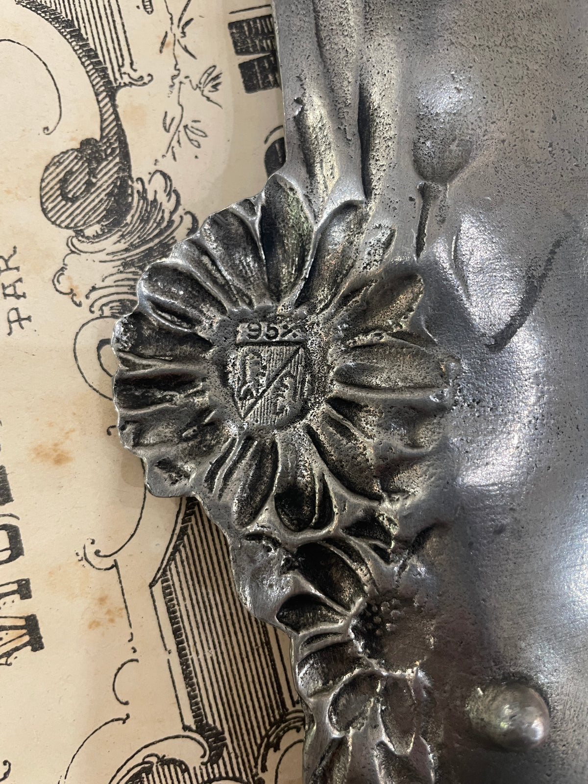 Antique French Art Nouveau Pewter Tray Flower Daisy c1920
