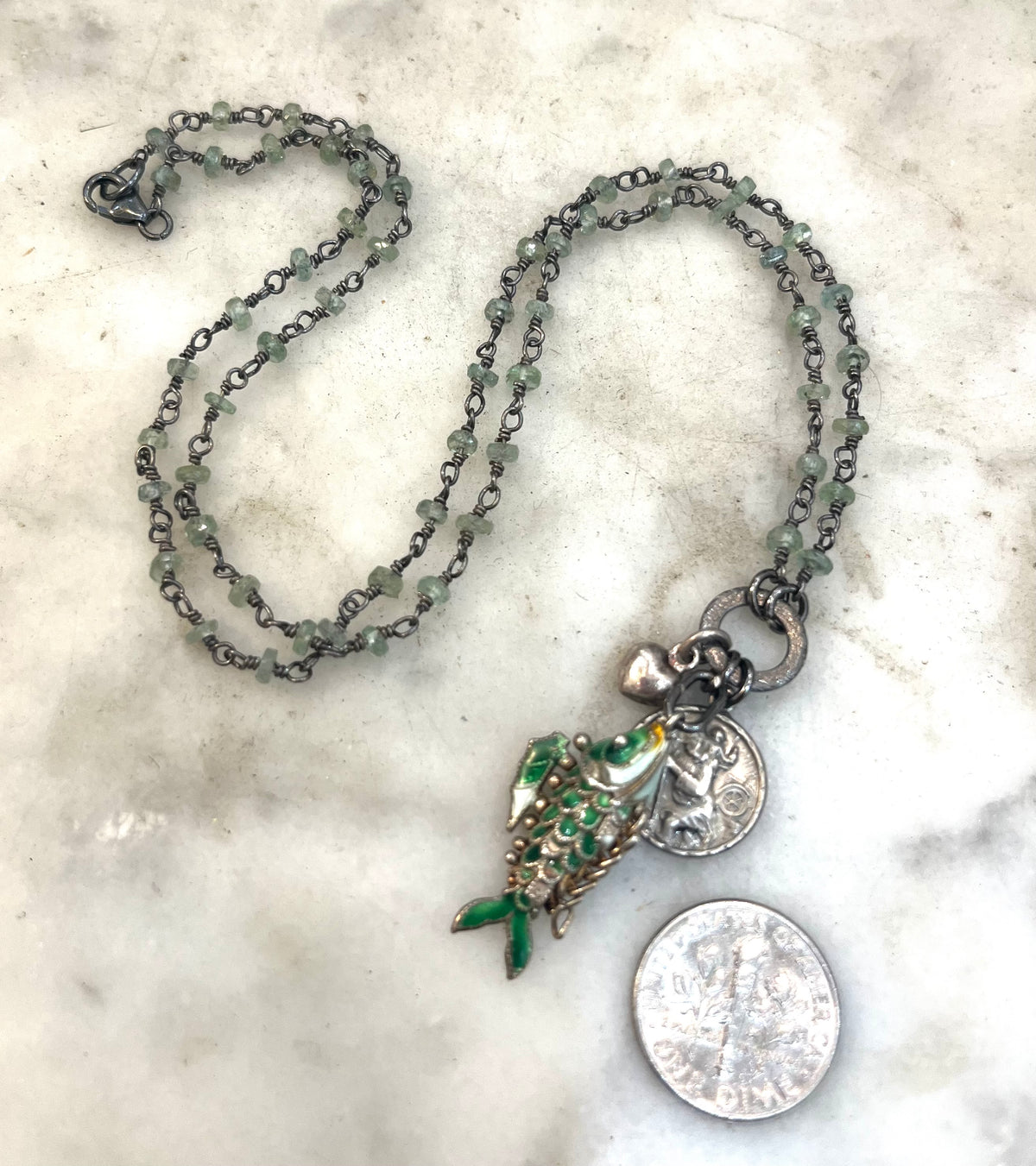 Sterling enamel green fish, St Christopher medal, heart and necklace