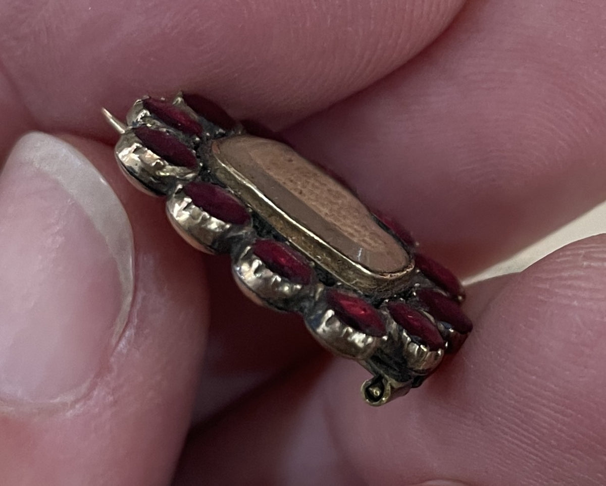 Antique English Mourning Hair 14k Solid Gold Garnets Brooch c1880