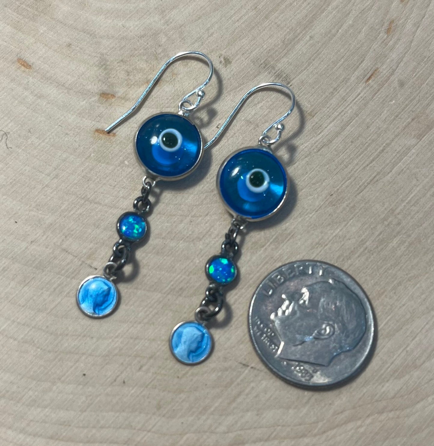 Evil eye protection earrings with vintage blue enamel French medals (St Bernadette and St Therese), opals