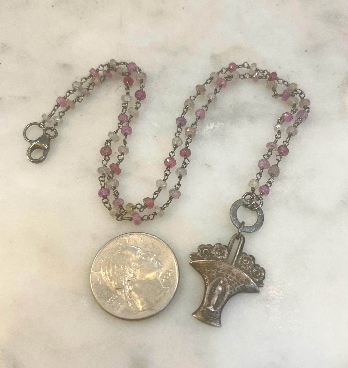 Vintage Sterling Mother Mary necklace with rubies, white sapphires and sterling silver components