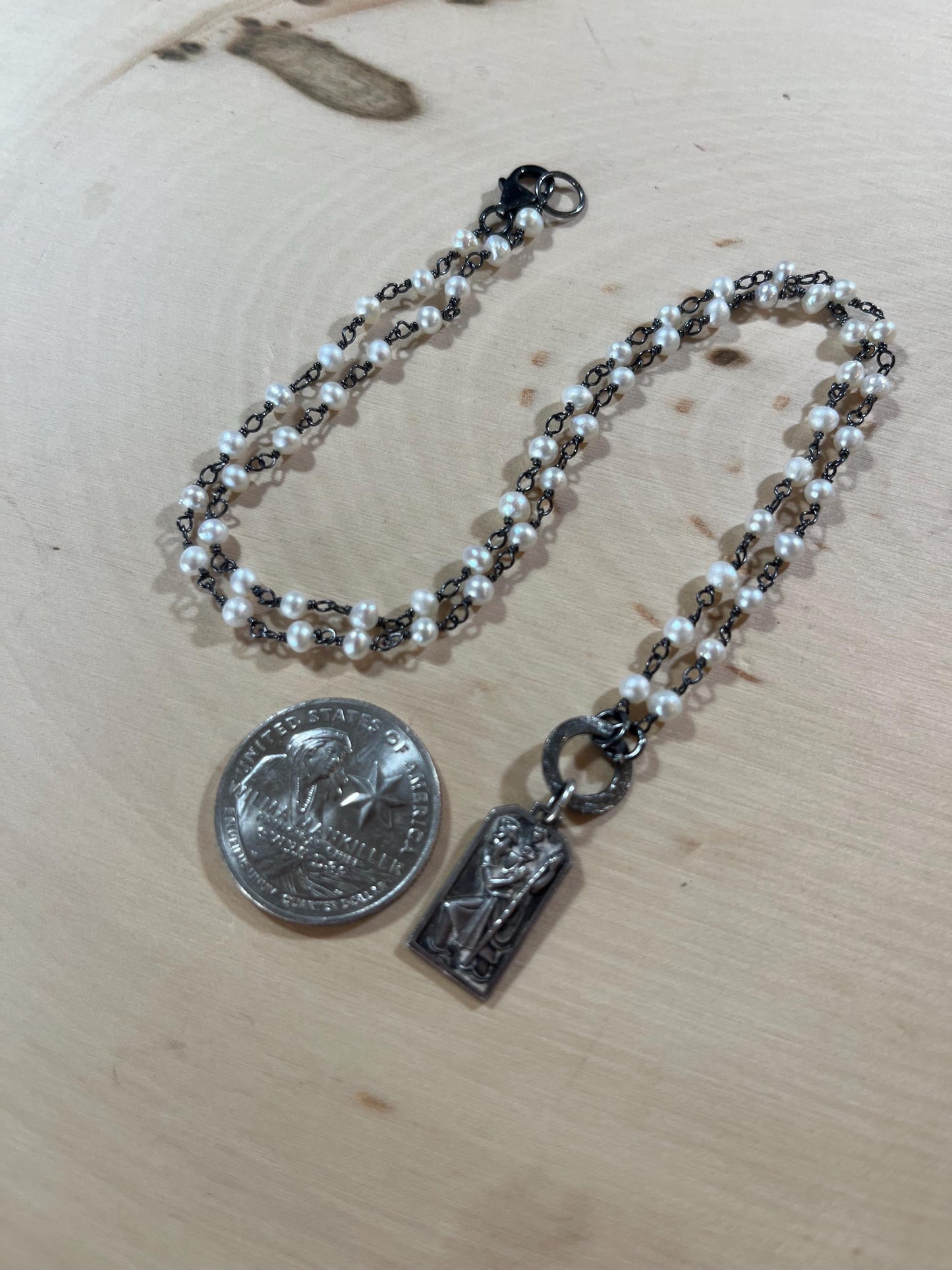 Vintage Sterling St Christopher necklace with pearls and sterling silver components