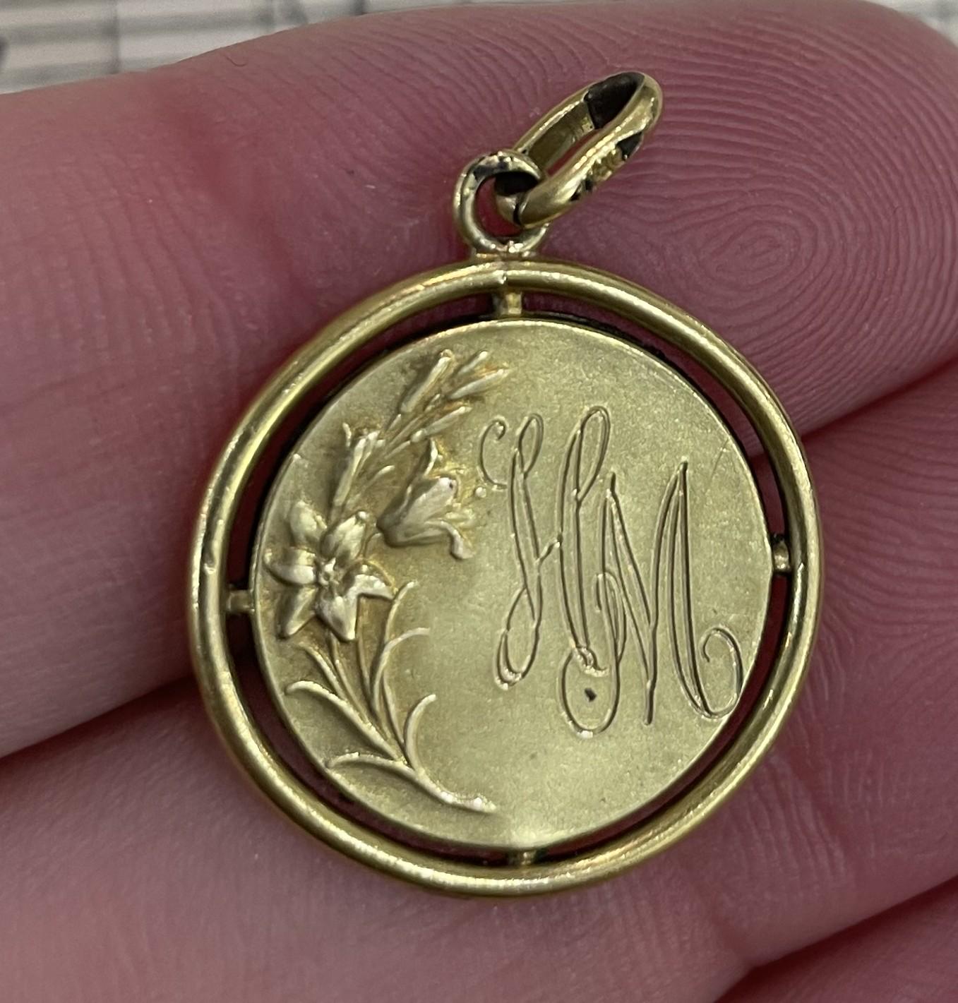 Antique French Art Nouveau Gold-Filled Virgin Mary Religious Medal c1920