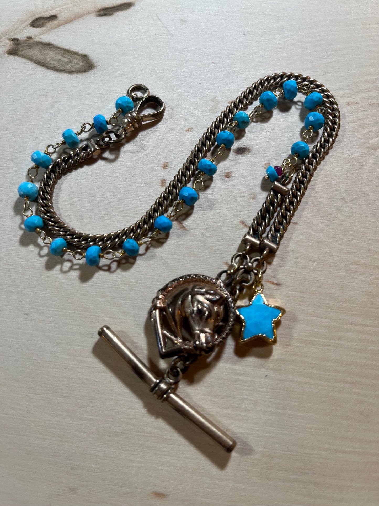 Antique pocket watch chain, French goldfilled horse pendant and turquoise chain necklace