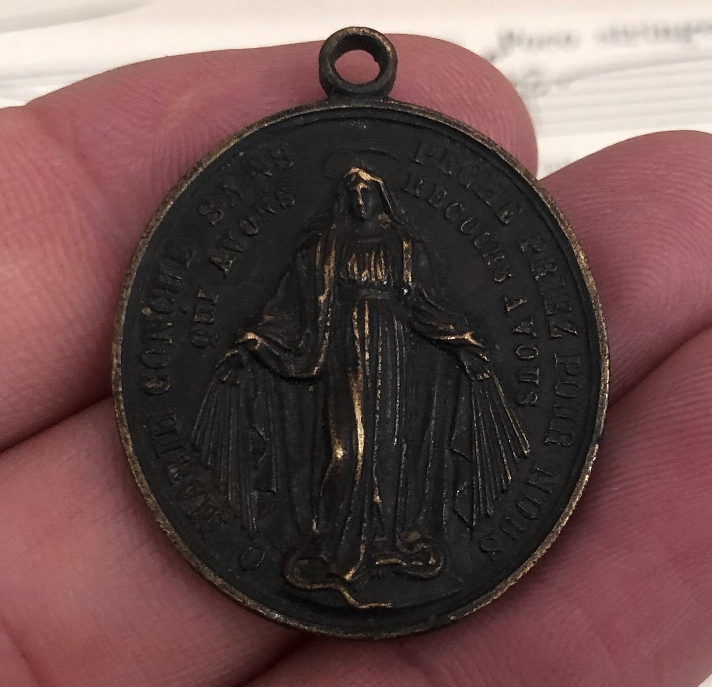 Large Antique French Bronze Medal Pendant Vincent de Paul Miraculous Madonna c1900