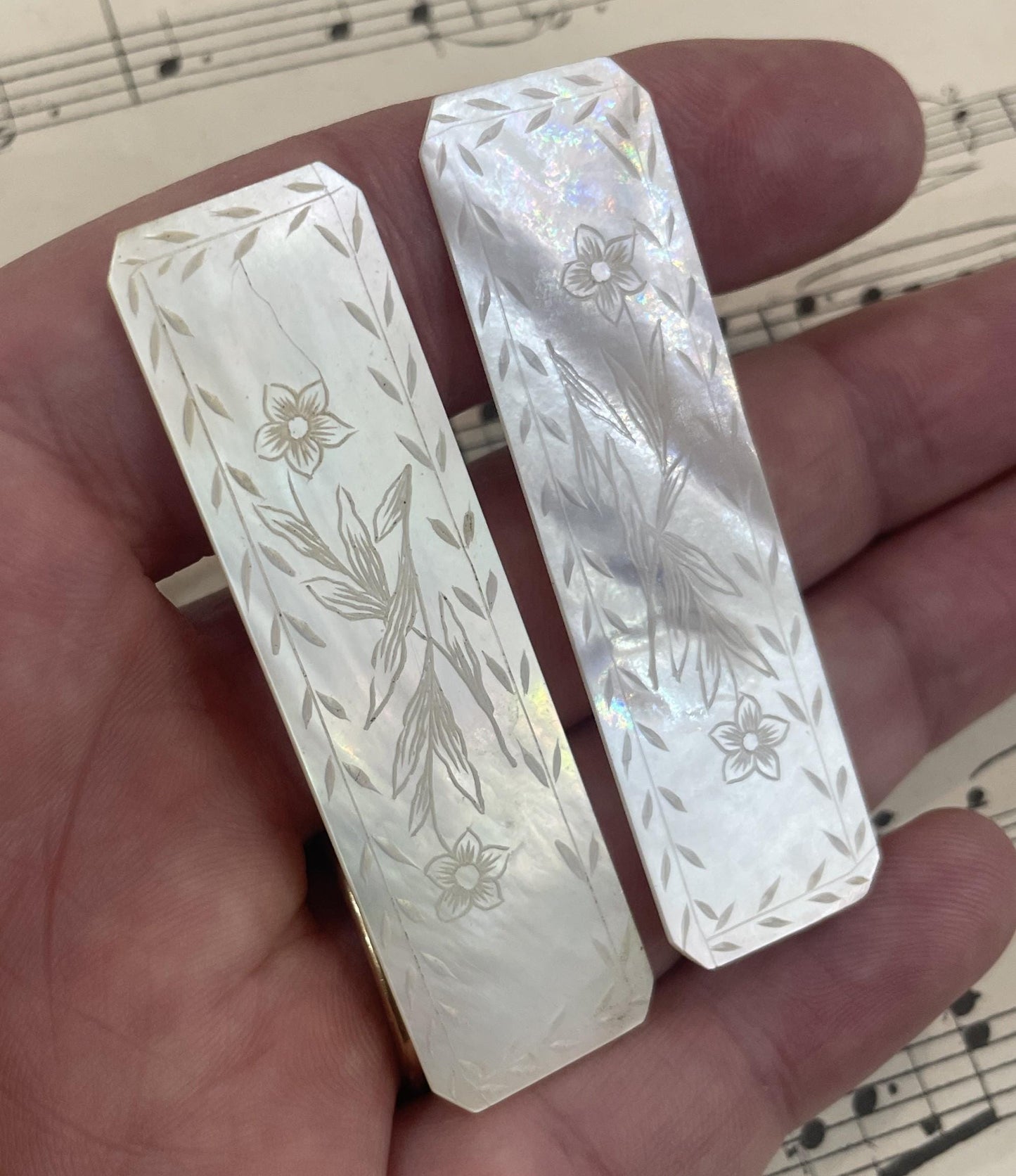 Antique French Carved Mother of Pearl Game Pieces Flower Lot of 2 c1860