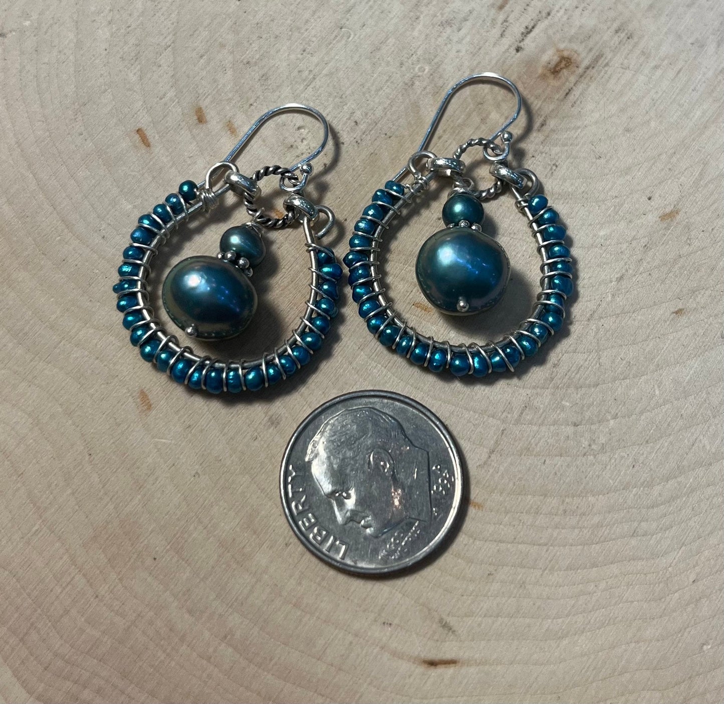 Blue pearl woven earrings with sterling silver wire