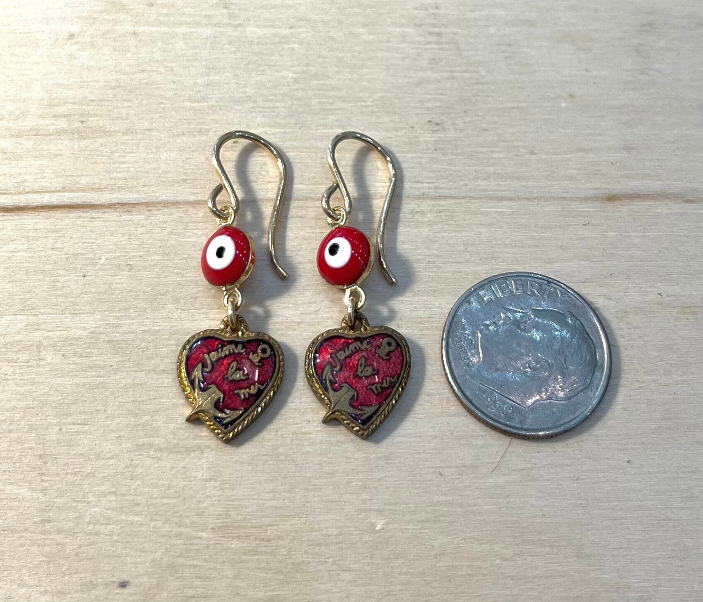 Vintage Enamel French heart “j’aime la mer” , red Evil eye protection earrings with goldfilled