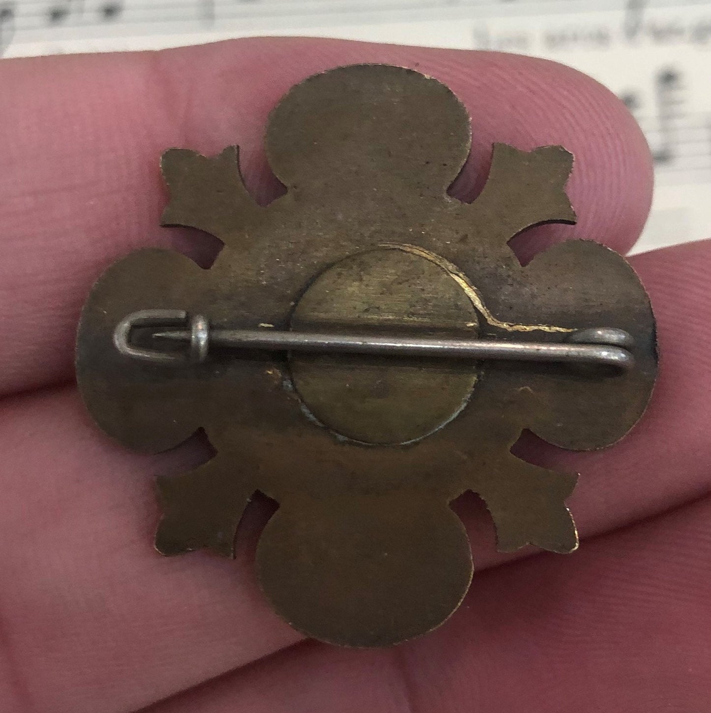 Antique French Enameled Bronze Cross Pin / Brooch c1920