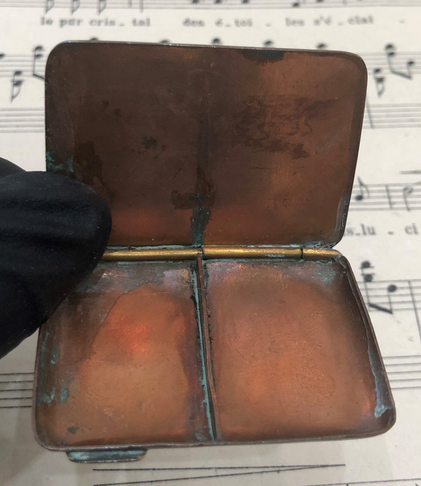 Antique French Copper Stamp Box Grenoble Four Leaf Clover c1900