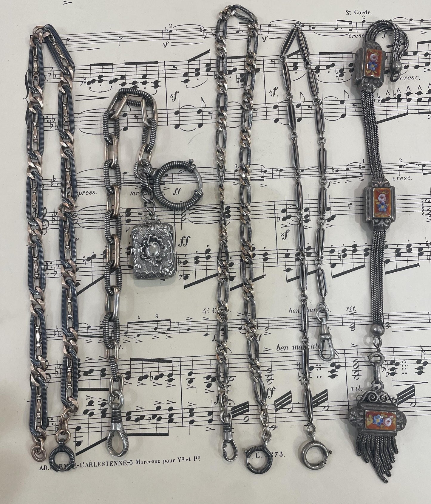 Rare Antique French Enameled Sterling Silver Pocket Watch Chain c1890