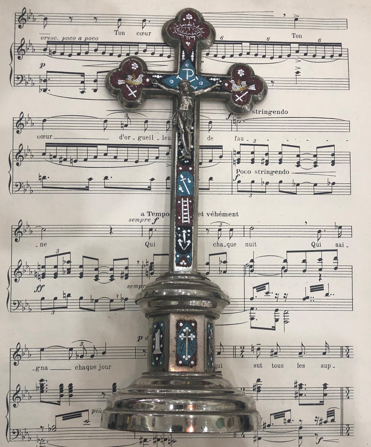 Antique Italian Micromosaic Micro Mosaic Crucifix Cross Birds Crown Thornes Stand c1900