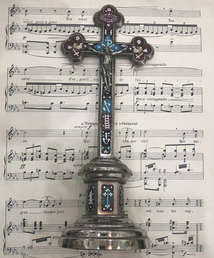 Antique Italian Micromosaic Micro Mosaic Crucifix Cross Birds Crown Thornes Stand c1900