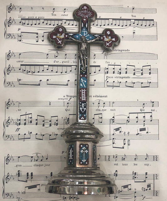Antique Italian Micromosaic Micro Mosaic Crucifix Cross Birds Crown Thornes Stand c1900