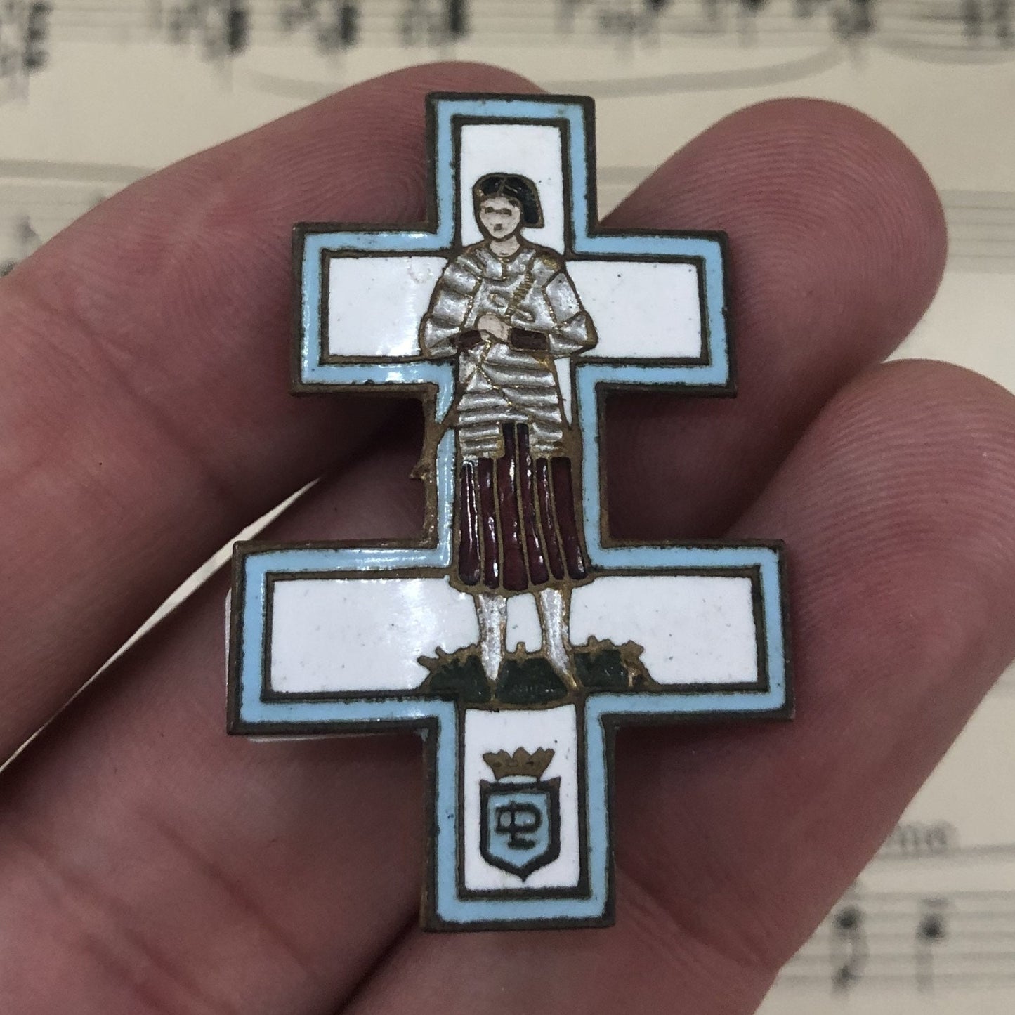 Antique French Enameled Joan of Arc Alsatian Cross Pin / Brooch c1920