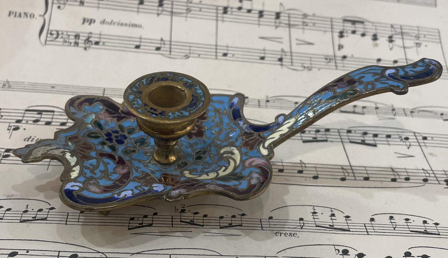 Small Antique French Miniature Champleve Enamel Candlestick Holder c1880