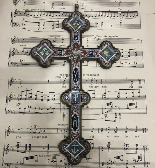 RARE Large Antique Italian Micro Mosaic Micromosaic Cross Crucifix Bird Anchor Grapes Flowers c1900