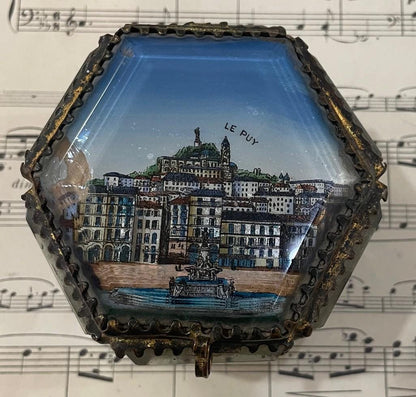 Antique French Eglomise Souvenir Jewelry Box Casket Le Puy c1900