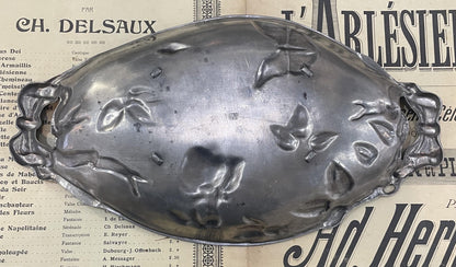 Rare Large Antique French Art Nouveau Pewter Tray Butterfly Roses c1920