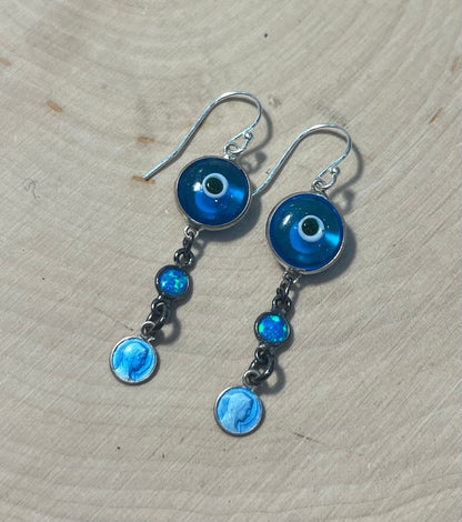 Evil eye protection earrings with vintage blue enamel French medals (St Bernadette and St Therese), opals