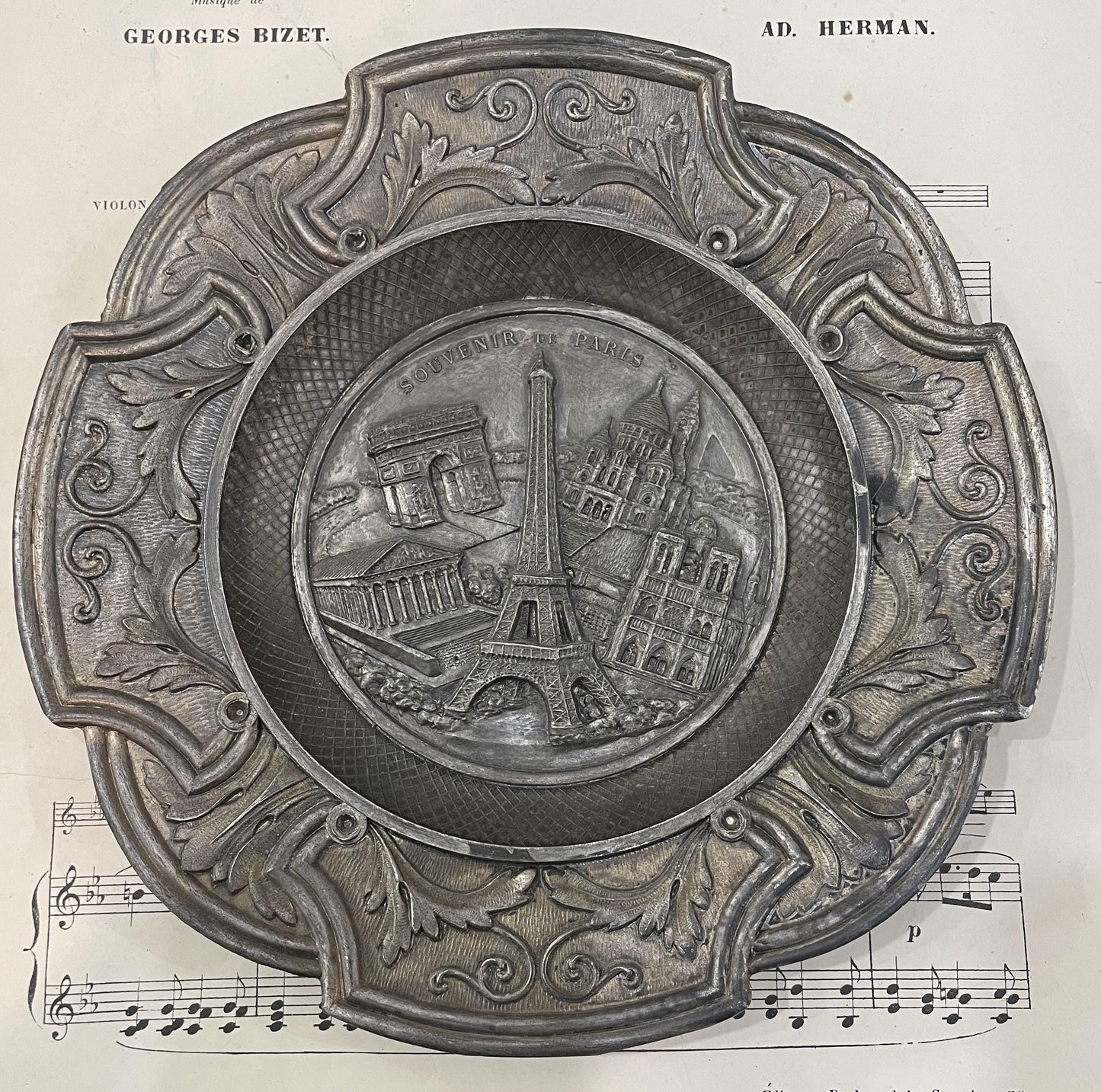 Antique French Art Nouveau Tray Plate Eiffel Tower Paris Monuments 1940