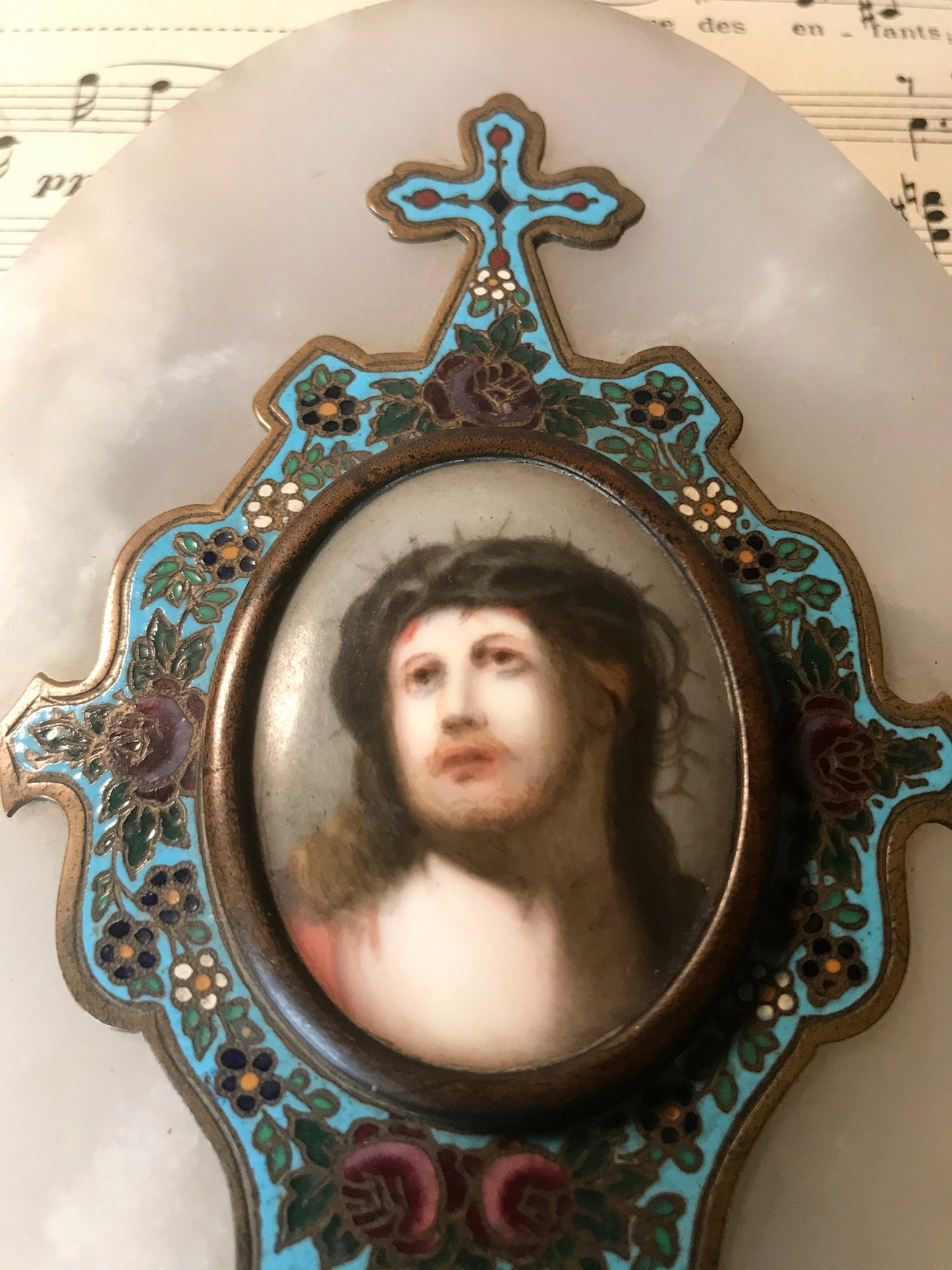 Antique French Champleve Enamel Hand Painted Porcelain Holy Water Font Jesus c1880