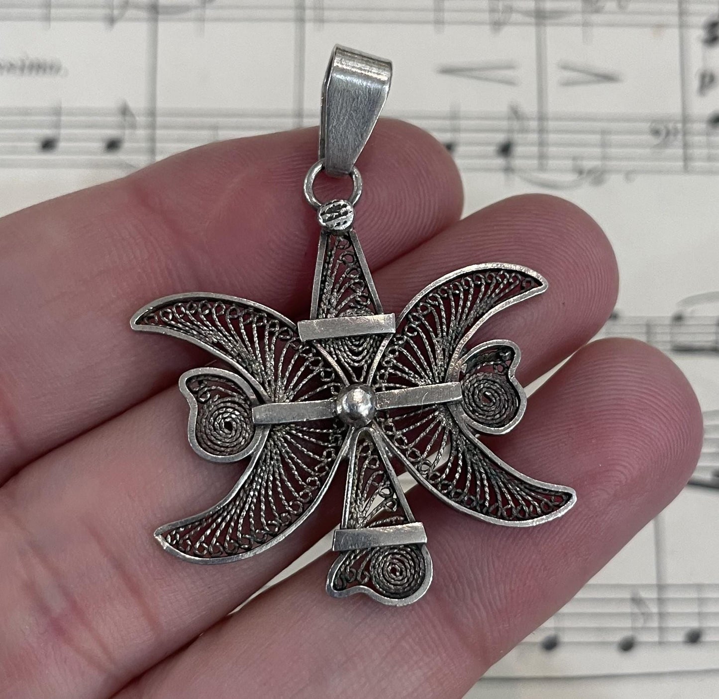 Large Vintage Sterling Silver Pendant Filigree