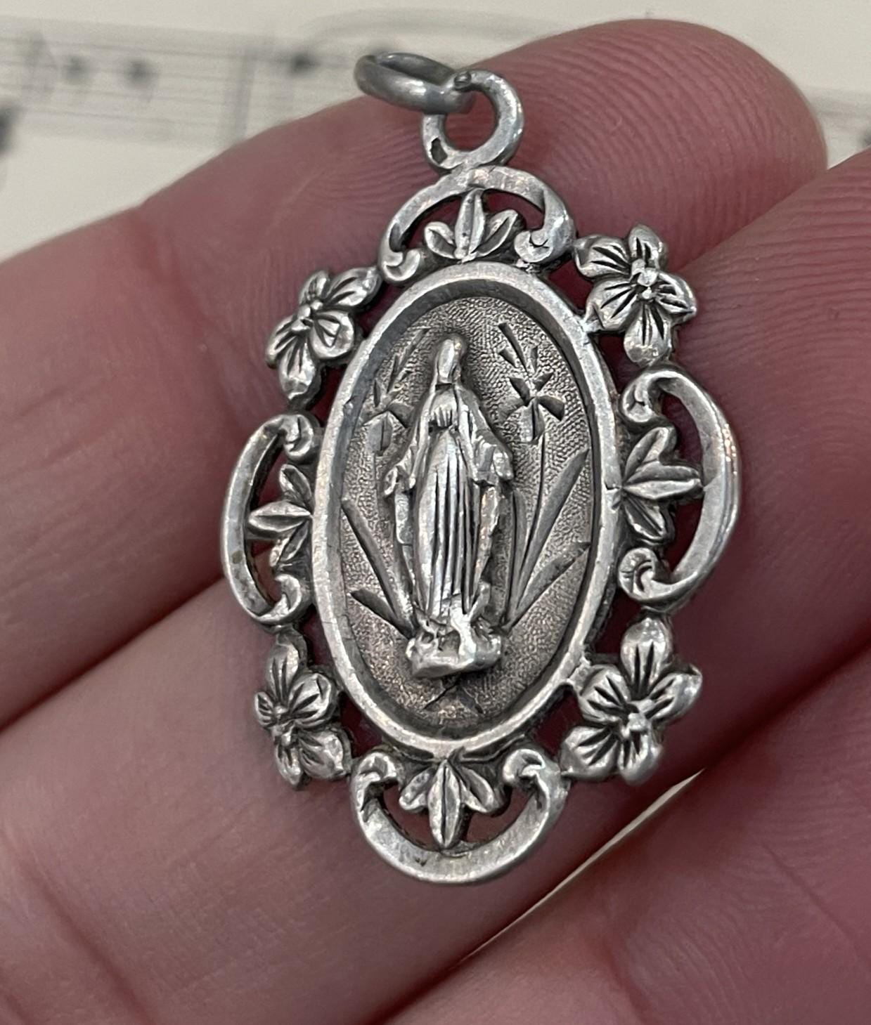 Antique French Art Nouveau Sterling Silver First Communion Medal Miraculous Madonna c1900