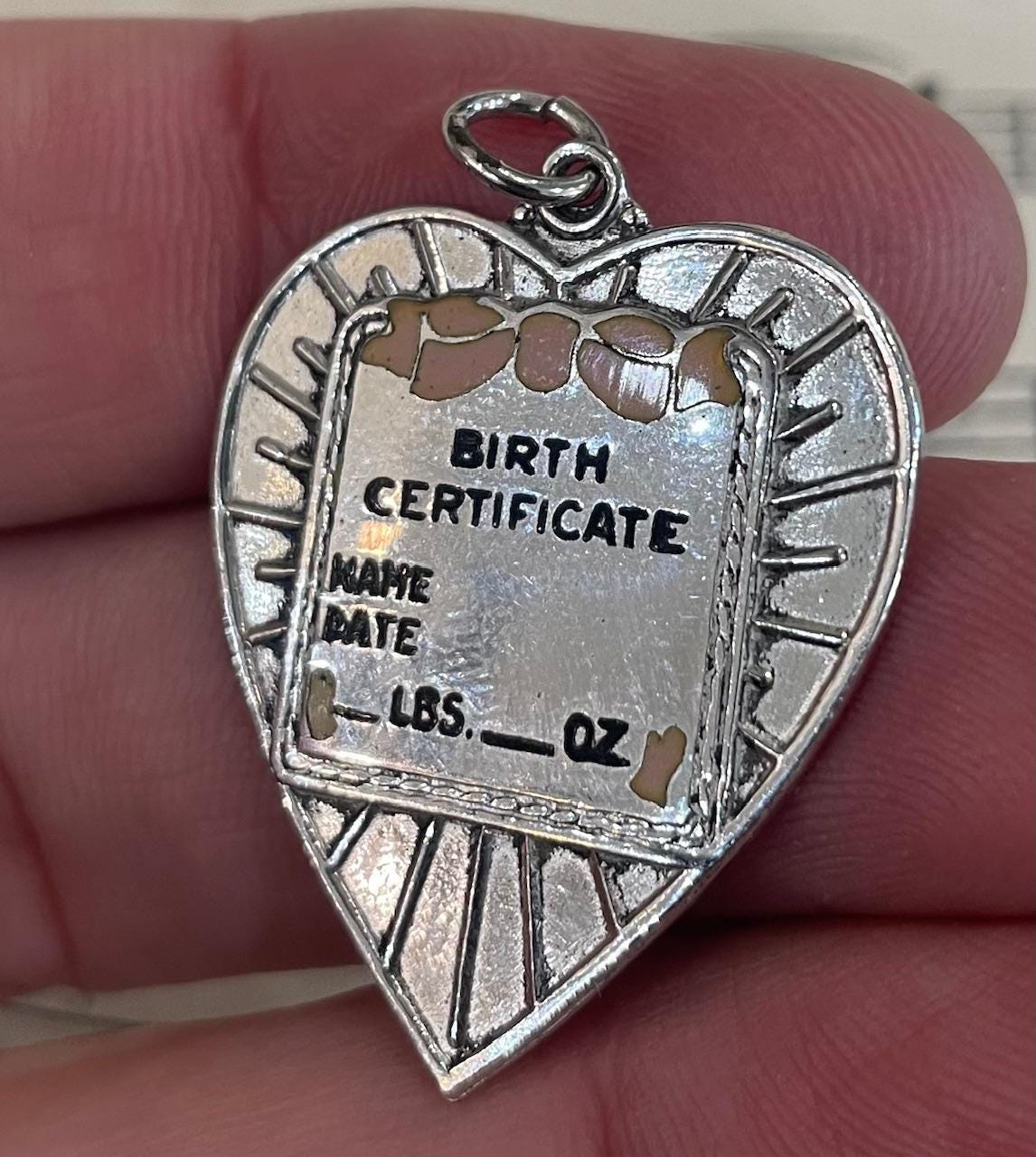 Vintage Sterling Silver Enameled Charm Pendant Medal Birth Certificate