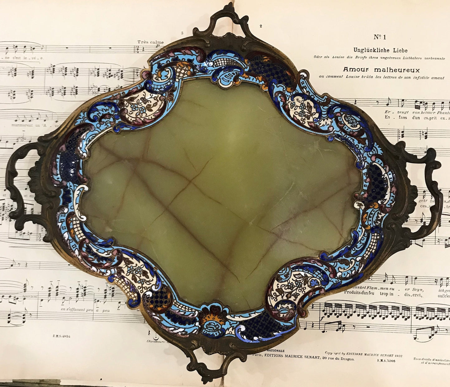 Rare Large Antique French Bronze Champleve Enamel Green Onyx Tray Platter Centerpiece c1880