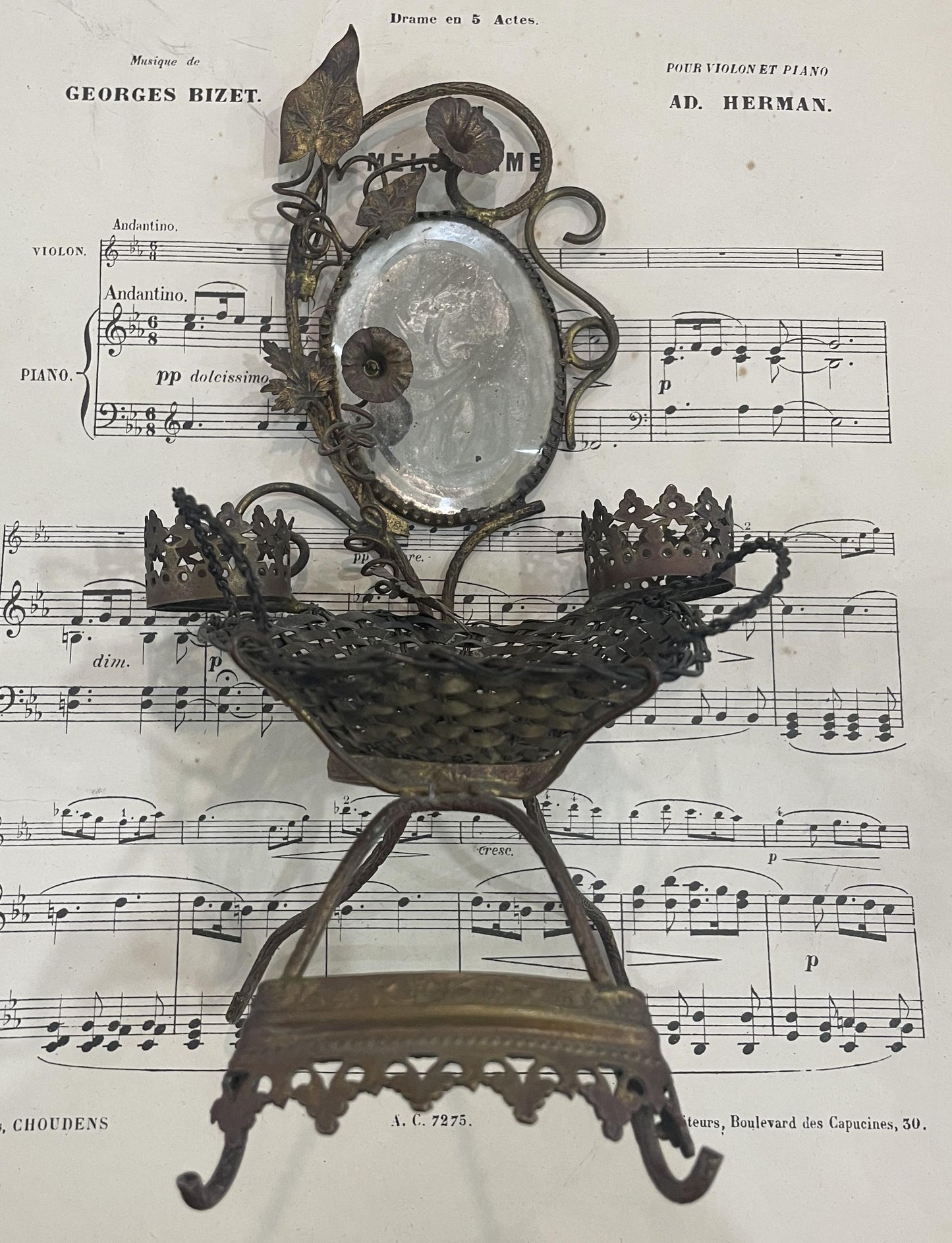 Rare Antique French Pocket Watch Holder Mirror c1880