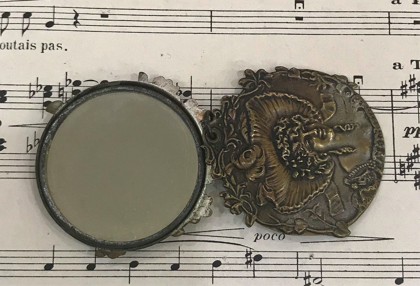 Antique French Art Nouveau Sliding Mirror Pendant Woman Hat Signed c1900