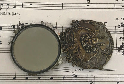 Antique French Art Nouveau Sliding Mirror Pendant Woman Hat Signed c1900