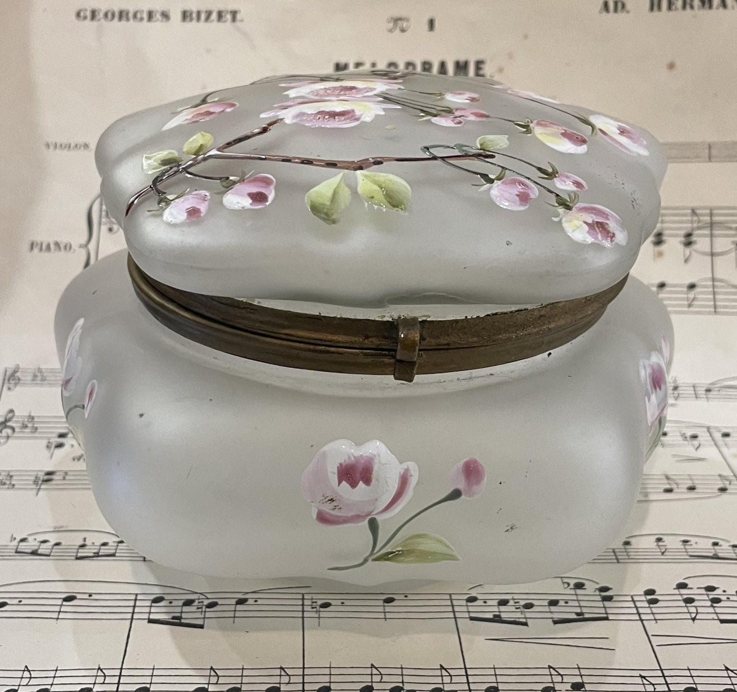 Large Antique French Gilt Brass Glass Hand Painted Enameled Box Flower c1900