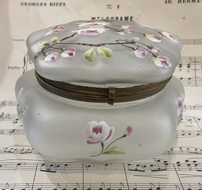 Large Antique French Gilt Brass Glass Hand Painted Enameled Box Flower c1900