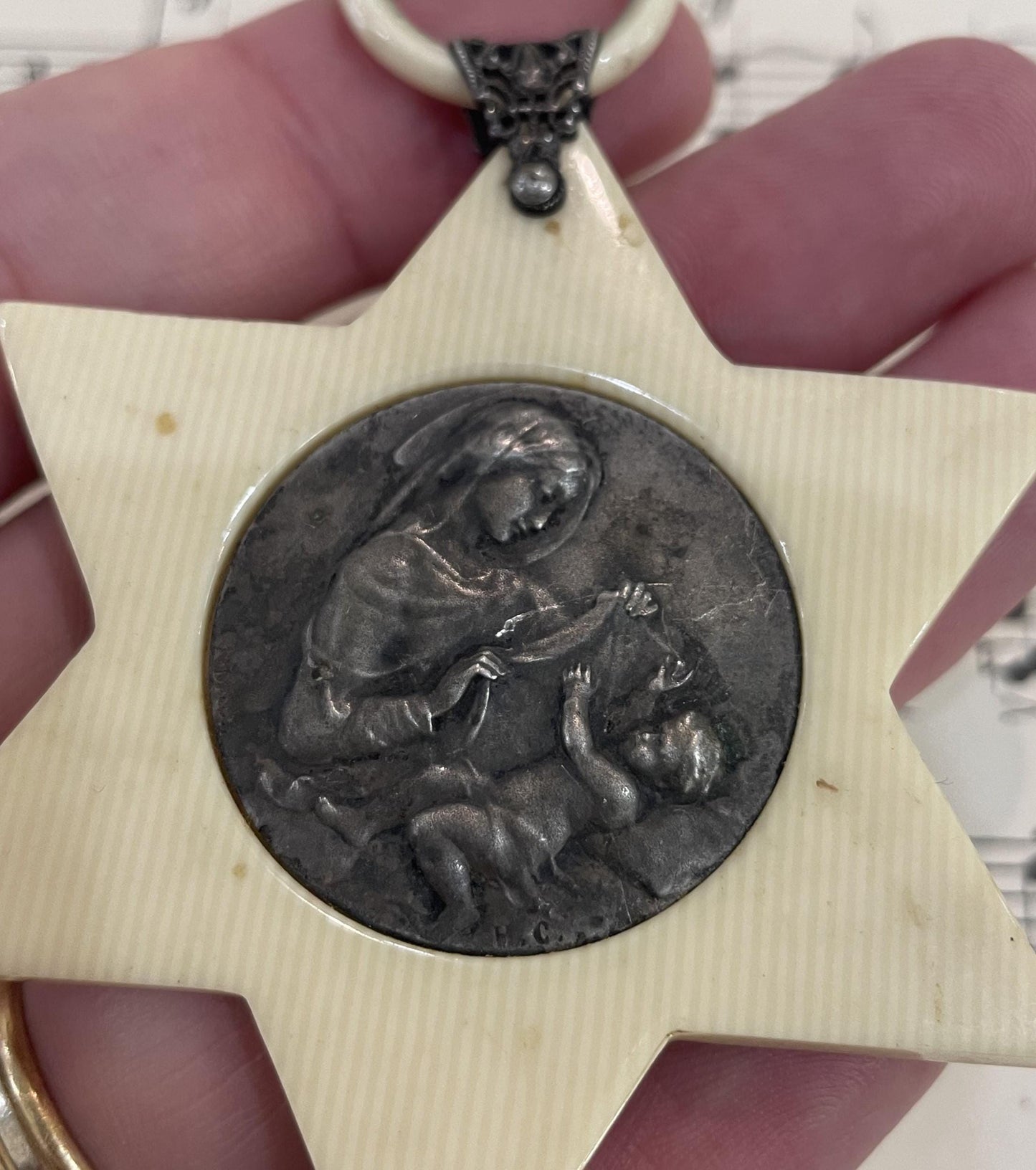 Rare Antique French Crib Cradle Protector Cherub Star Celluloid Baptism c1900