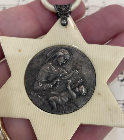 Rare Antique French Crib Cradle Protector Cherub Star Celluloid Baptism c1900