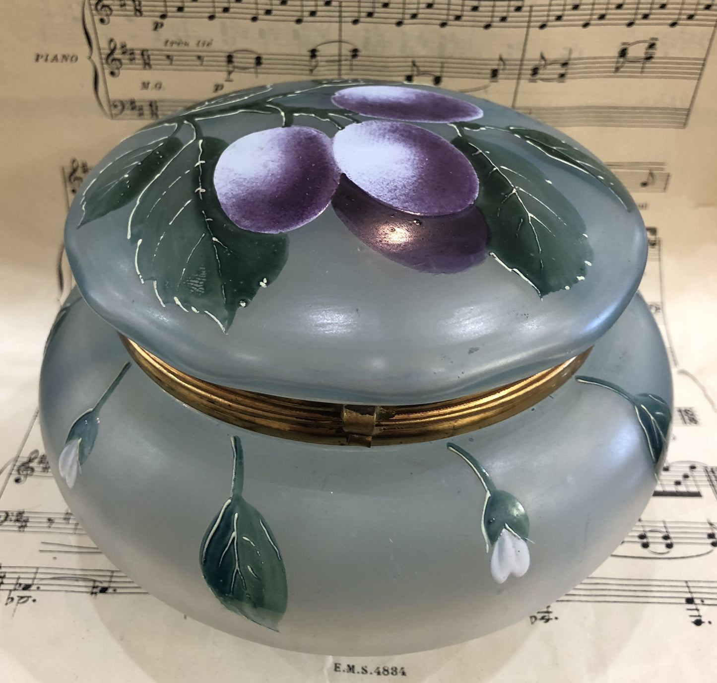 Rare Large Antique French Gilt Brass Glass Hand Painted Enameled Box Fruits Plums c1900