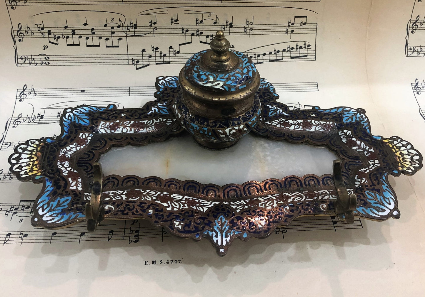 Rare Antique French Champleve Enamel Bronze Ink Well Inkwell c1880