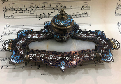 Rare Antique French Champleve Enamel Bronze Ink Well Inkwell c1880
