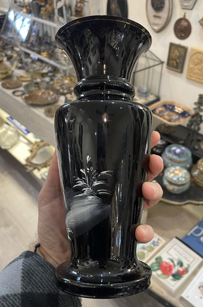 Rare Antique French Black Glass Hand Painted Enameled Vase Mary Gregory c1900