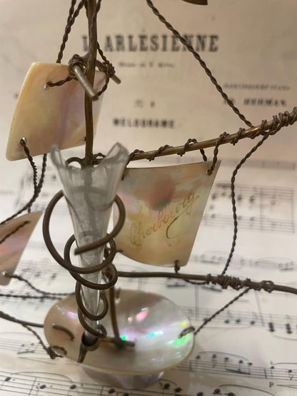 Rare Antique French Mother of Pearl Boat Souvenir of Cherbourg c1880