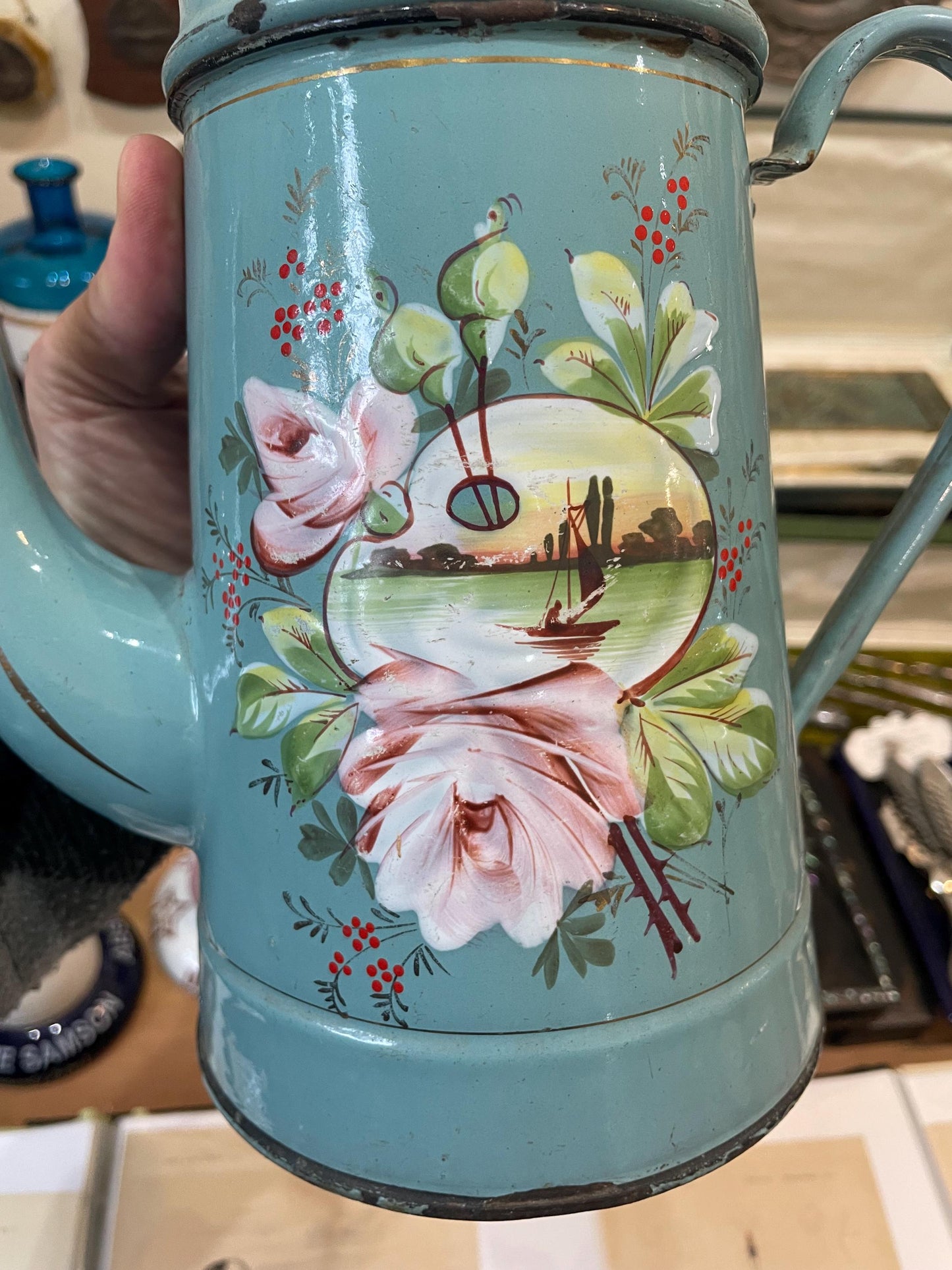 Rare Antique French Enamelware Coffee Pot Palette Flowers c1920