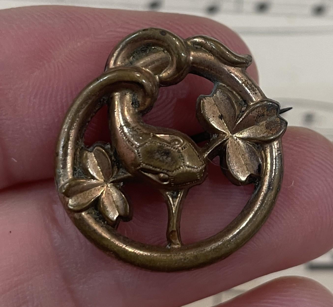 Rare Antique French Art Nouveau Gold Plated Brooch Snake Serpent Clovers c1920